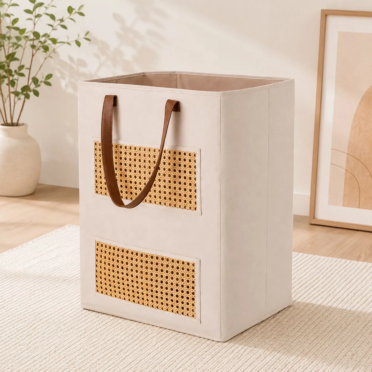 Beige Peach-skin Fabric Laundry Basket with 2 Pockets for Clips