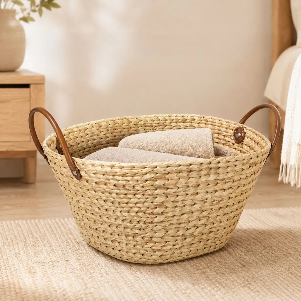 Natural Woven Storage Basket with Leather Handles