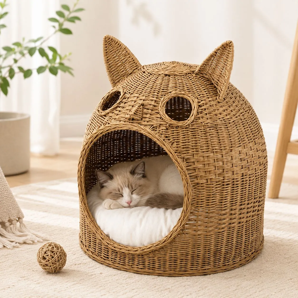 Natural Woven Cozy Cat Bed