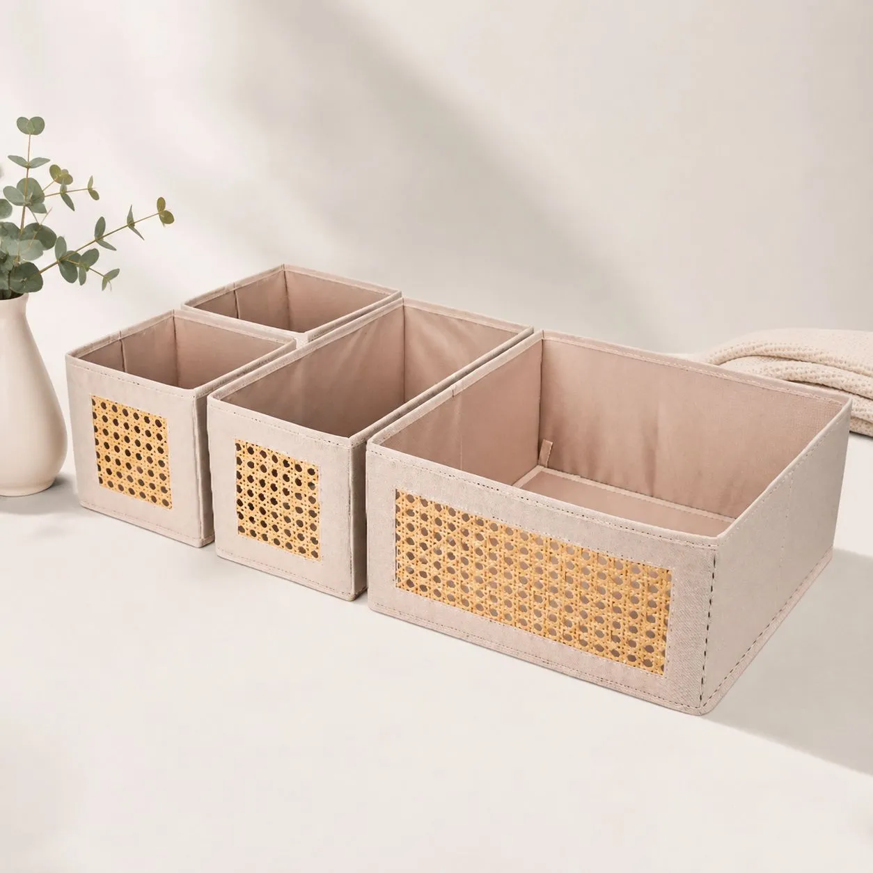 set of 4 fabric bins with woven