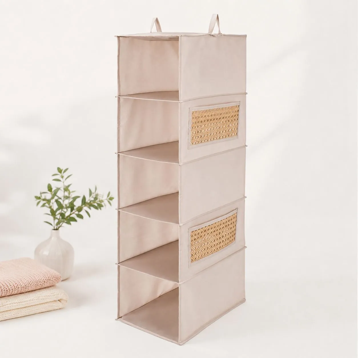 5-Compartment Beige Peachskin Fabric Hanging Cabinet