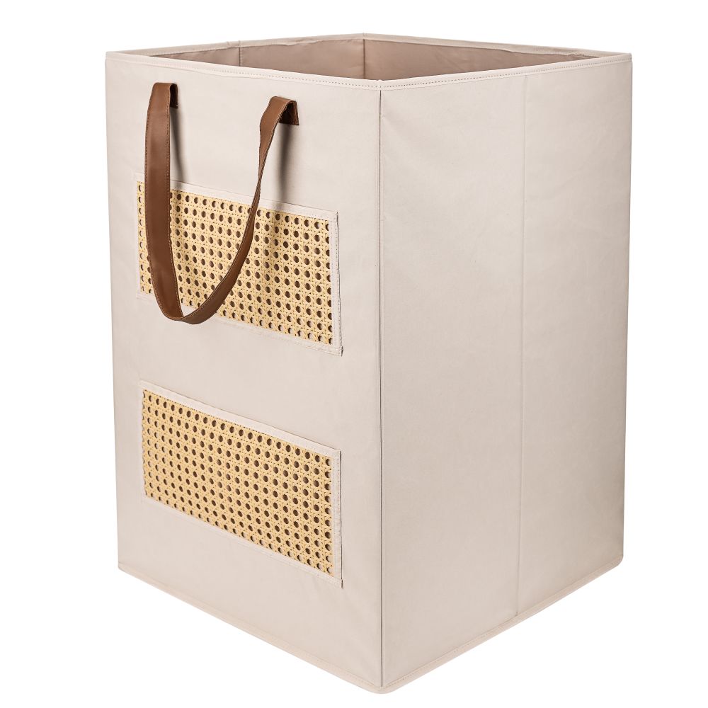 Beige Peach-skin Fabric Laundry Basket with 2 Pockets for Clips